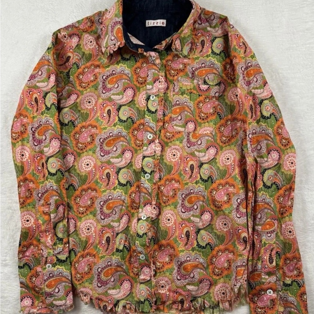 Tizzie Fringe Long Sleeve Button Up Blouse Cape Cod Preppy Bright Color Sz S